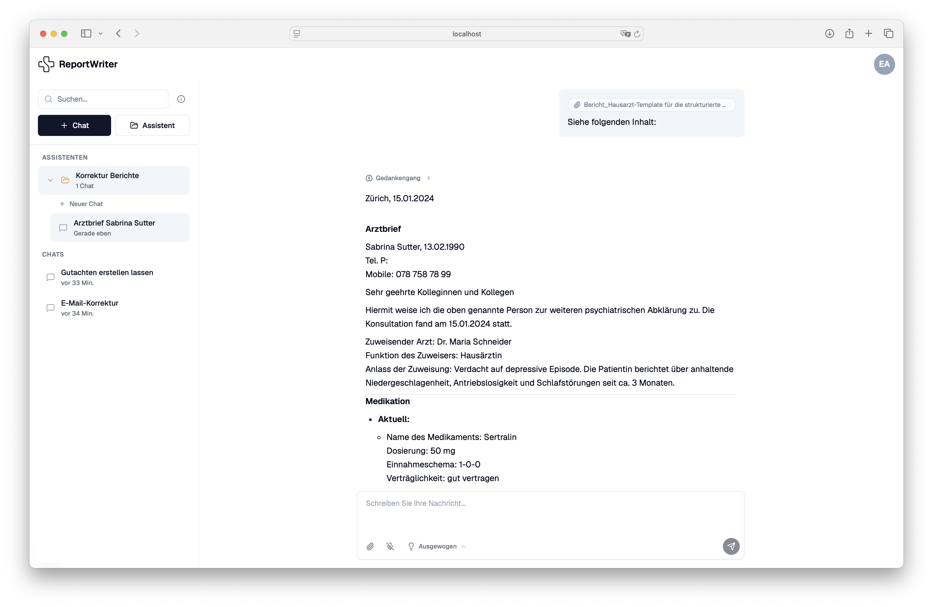 SecureChat mit angehängtem medizinischen Dokument und eigenem Assistenten