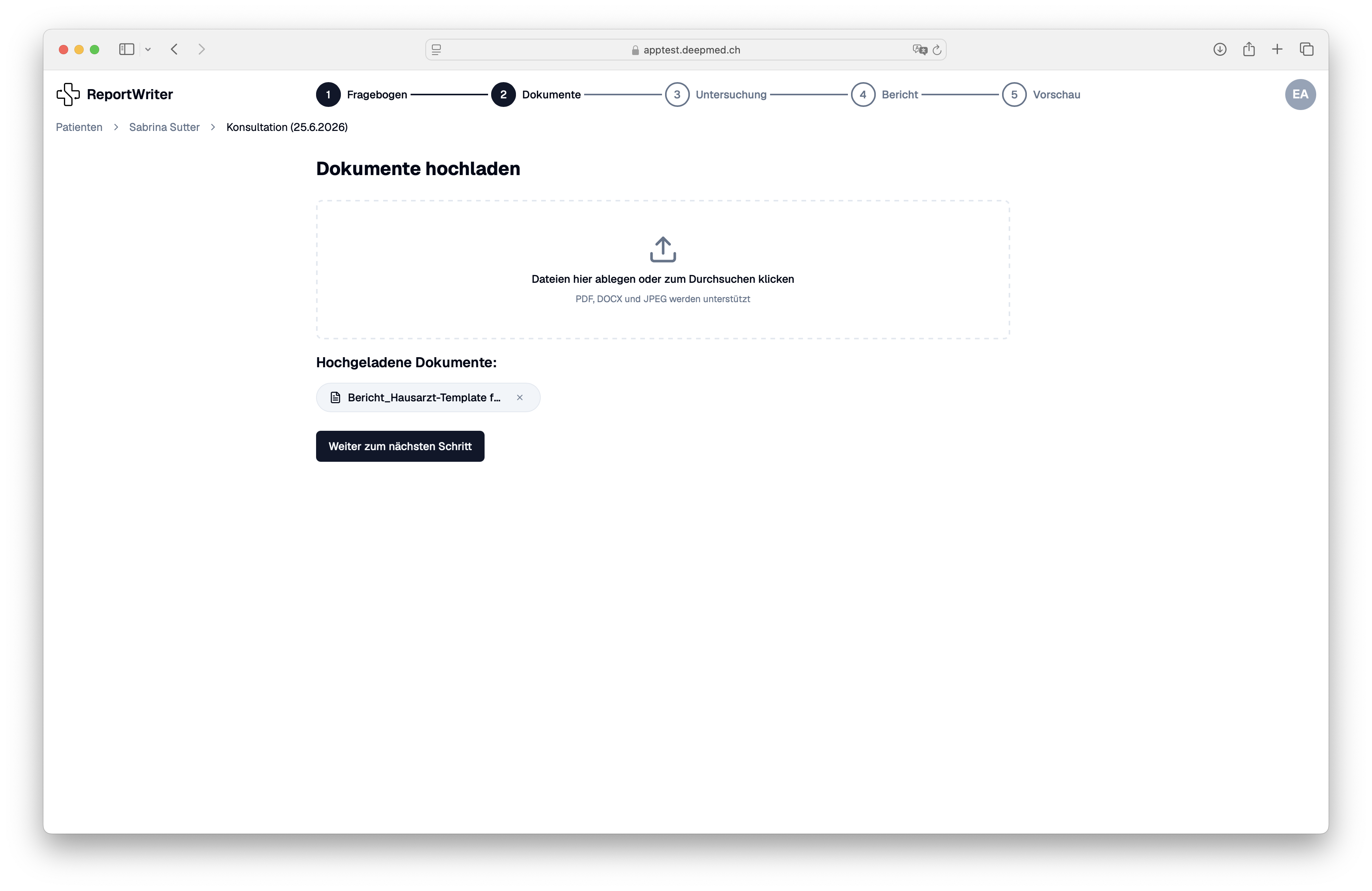 ReportWriter Dokumenten-Upload im Konsultationsablauf