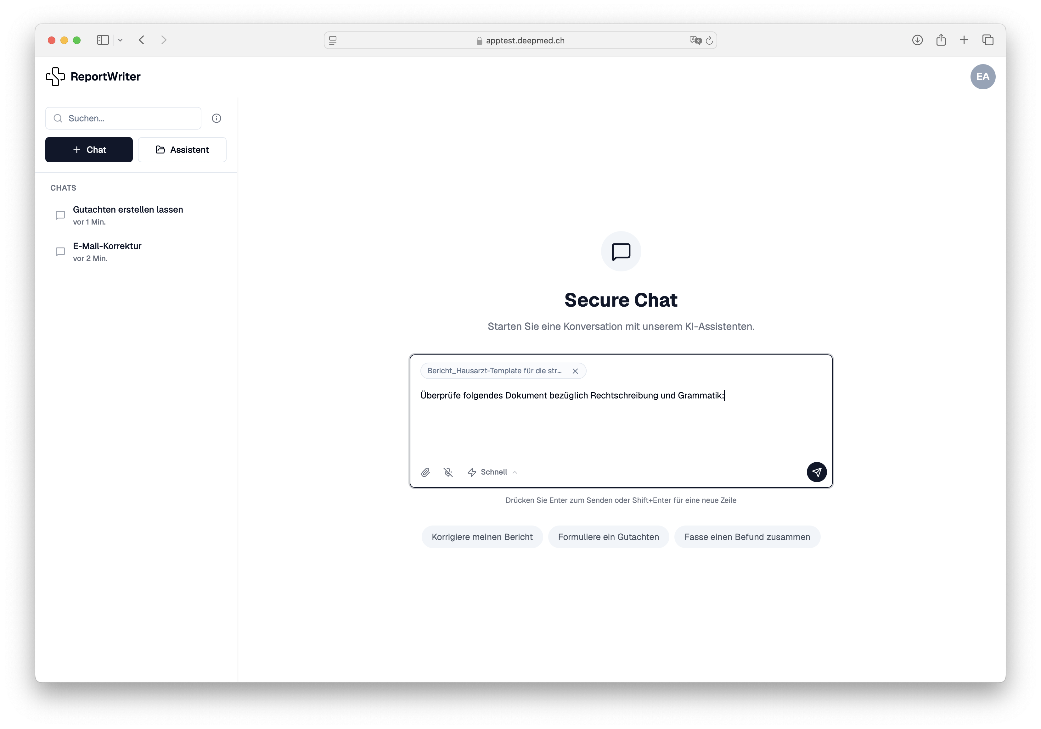 SecureChat Startbildschirm mit Schnellstart-Vorschlägen