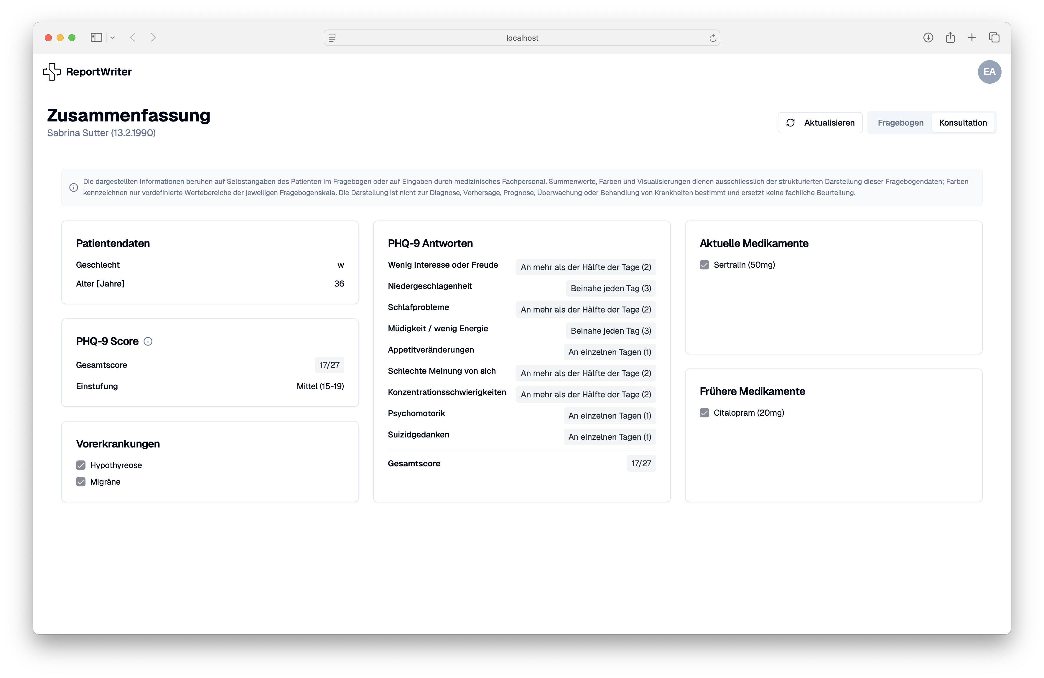 ReportWriter Fragebogen-Zusammenfassung mit PHQ-9-Auswertung